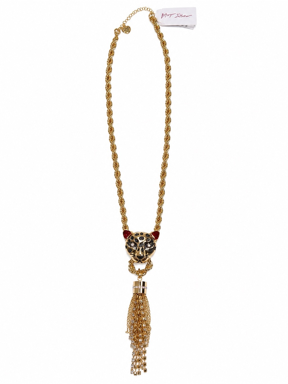 Betsey Johnson gold Leopard Tassel Necklace with Black and Red Accent NWT
